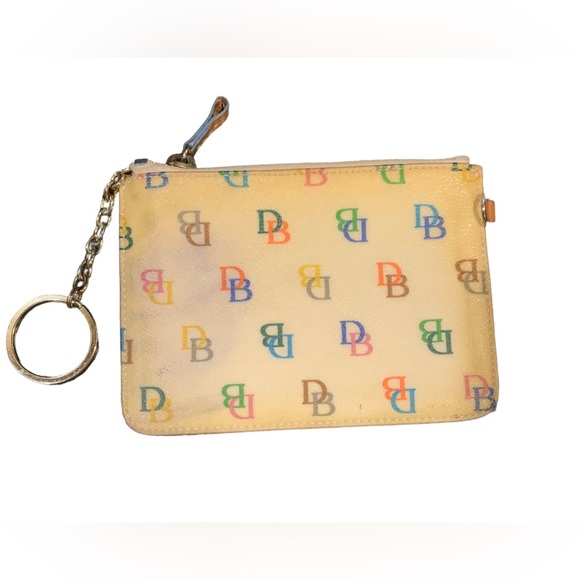 Dooney & Bourke Change Purse with Keychain, Yellow w multicolor DB Logo Zip Top - Picture 2 of 5